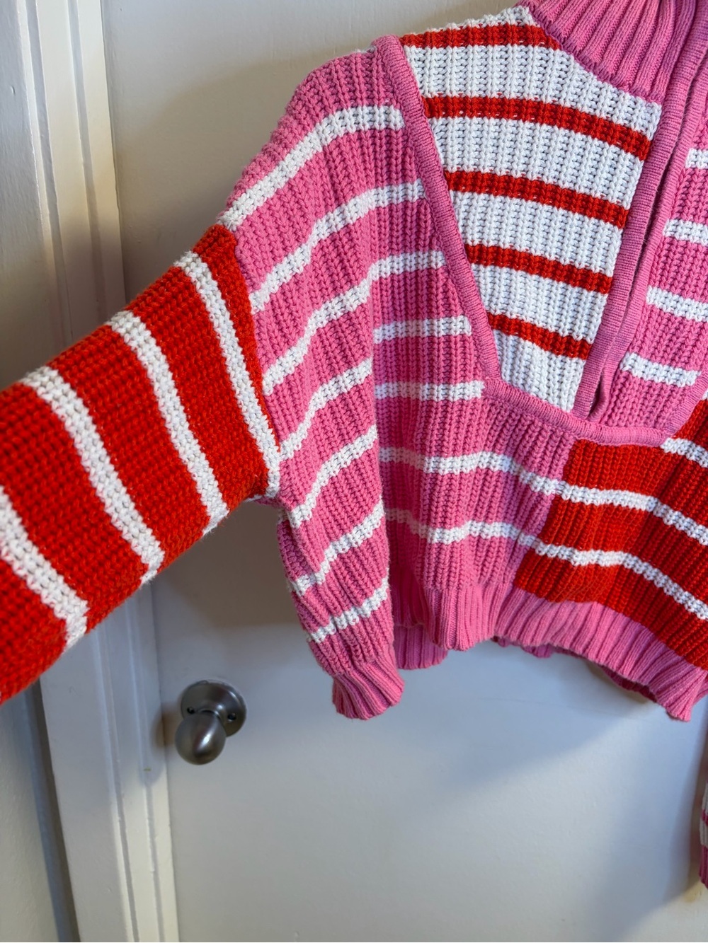 Altar’d State Pink Red Striped Quarter Zip Sweater M Cropped Colorblock Knit - Picture 11 of 15